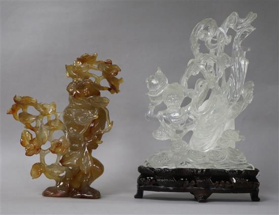 A Chinese rock crystal carving and a chalcedony vase and cover.